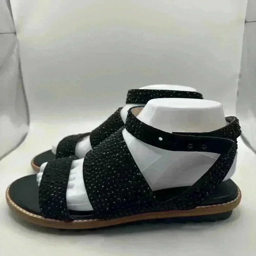 Zara Woman Black Jeweled Embellished Beaded Ankle Wrap Flat Sandals Size 8 NWOB